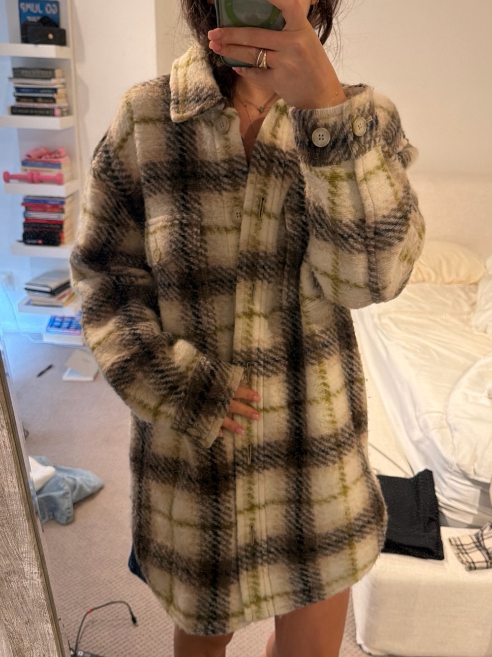 Aritzia Plaid Teddy Jacket in Cream, Brown & Olive